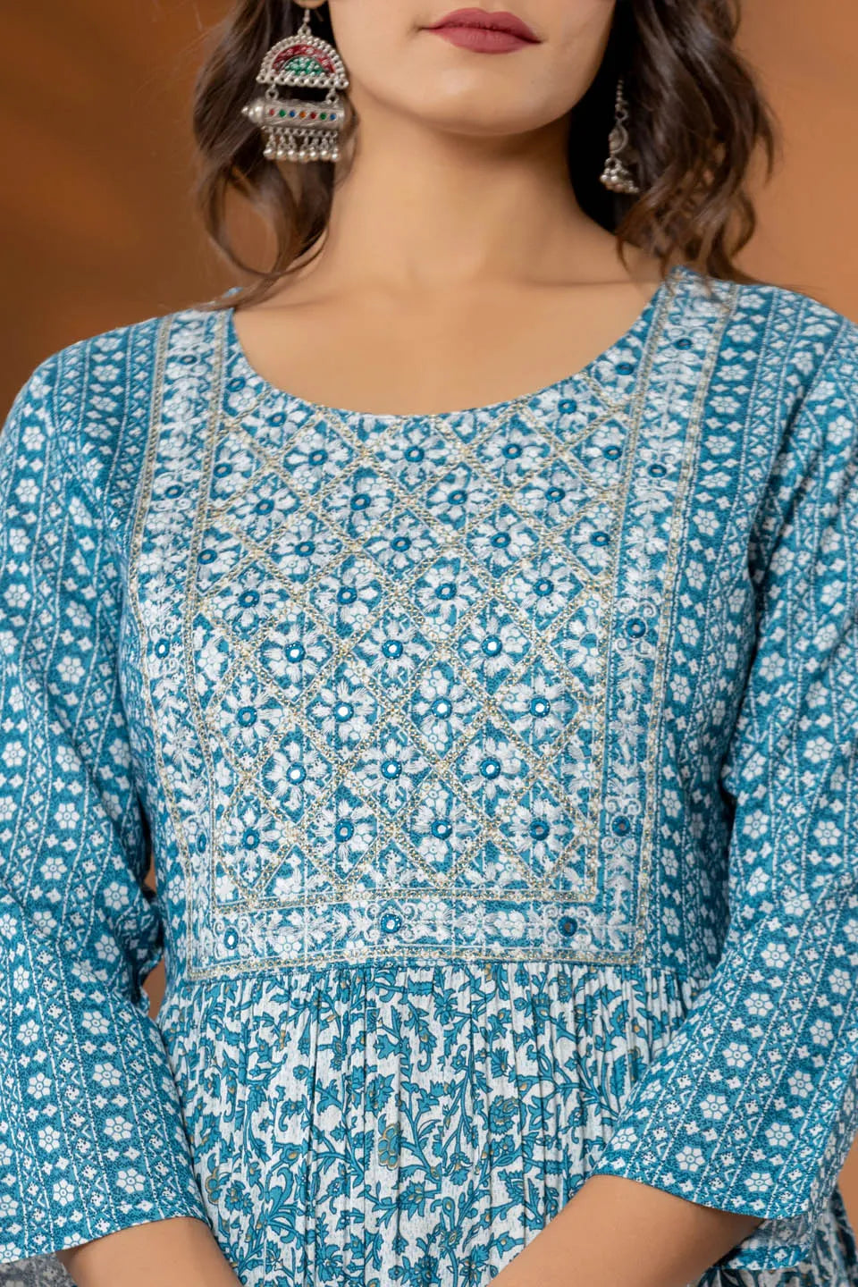 stylish ethnic print dresses green blue and grey collection