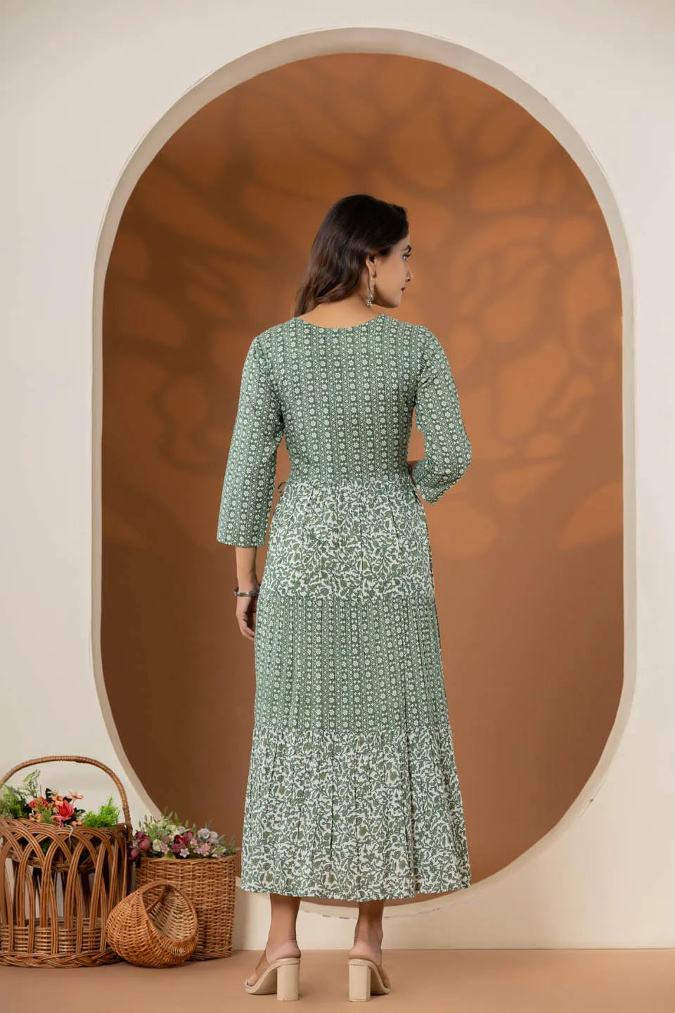 stylish ethnic print dresses green blue and grey collection