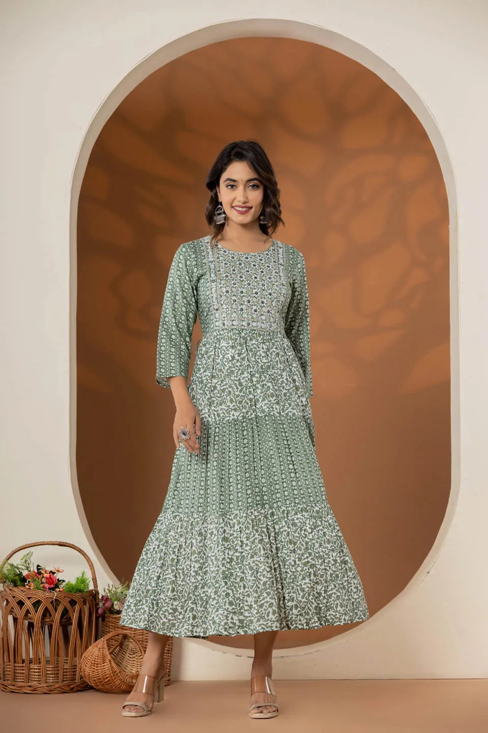 stylish ethnic print dresses green blue and grey collection