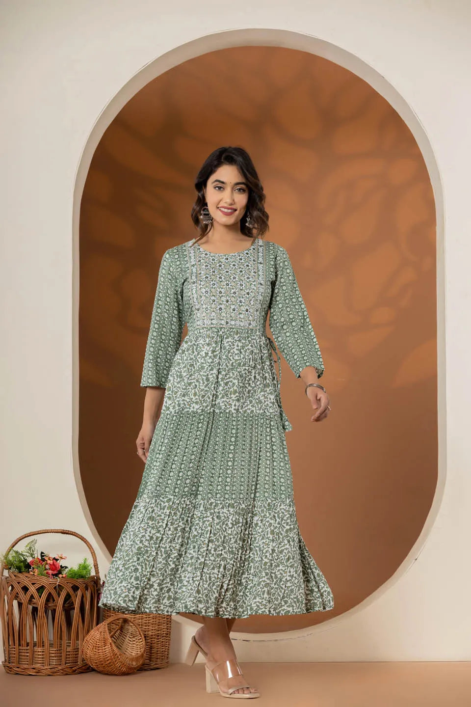 stylish ethnic print dresses green blue and grey collection