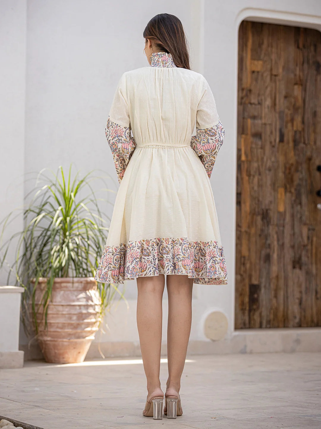Cloudscape Charm: Cotton Short Dress with Smocked Collar