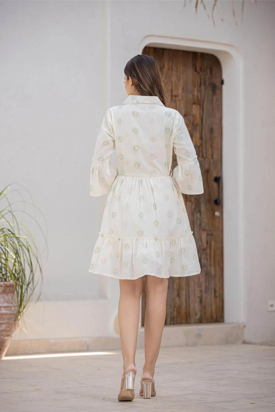 womens cotton printed embroidered dress with belt knot and bell sleeves