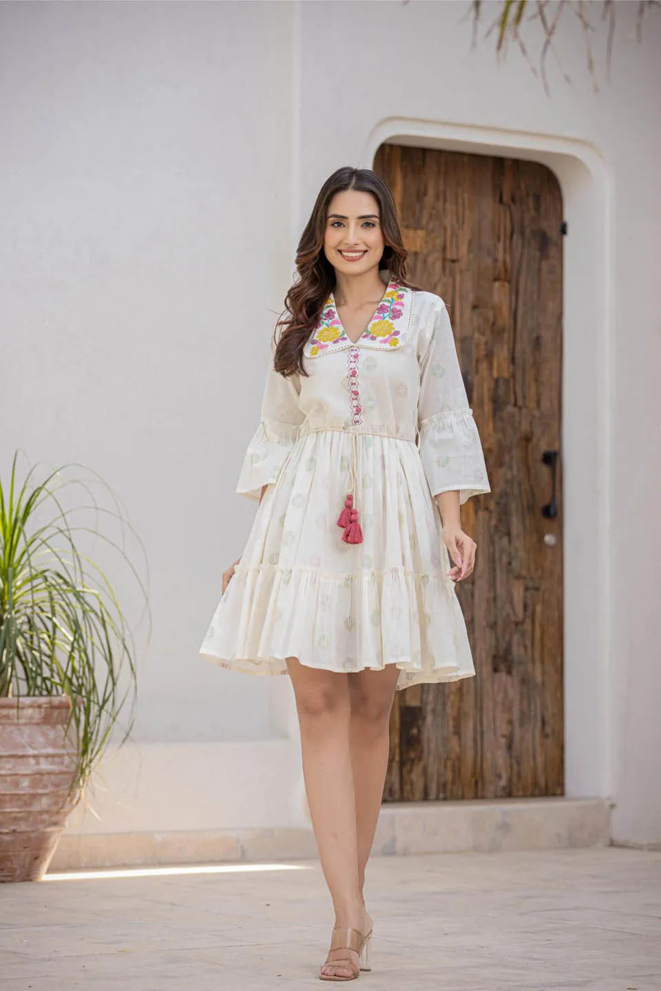 womens cotton printed embroidered dress with belt knot and bell sleeves