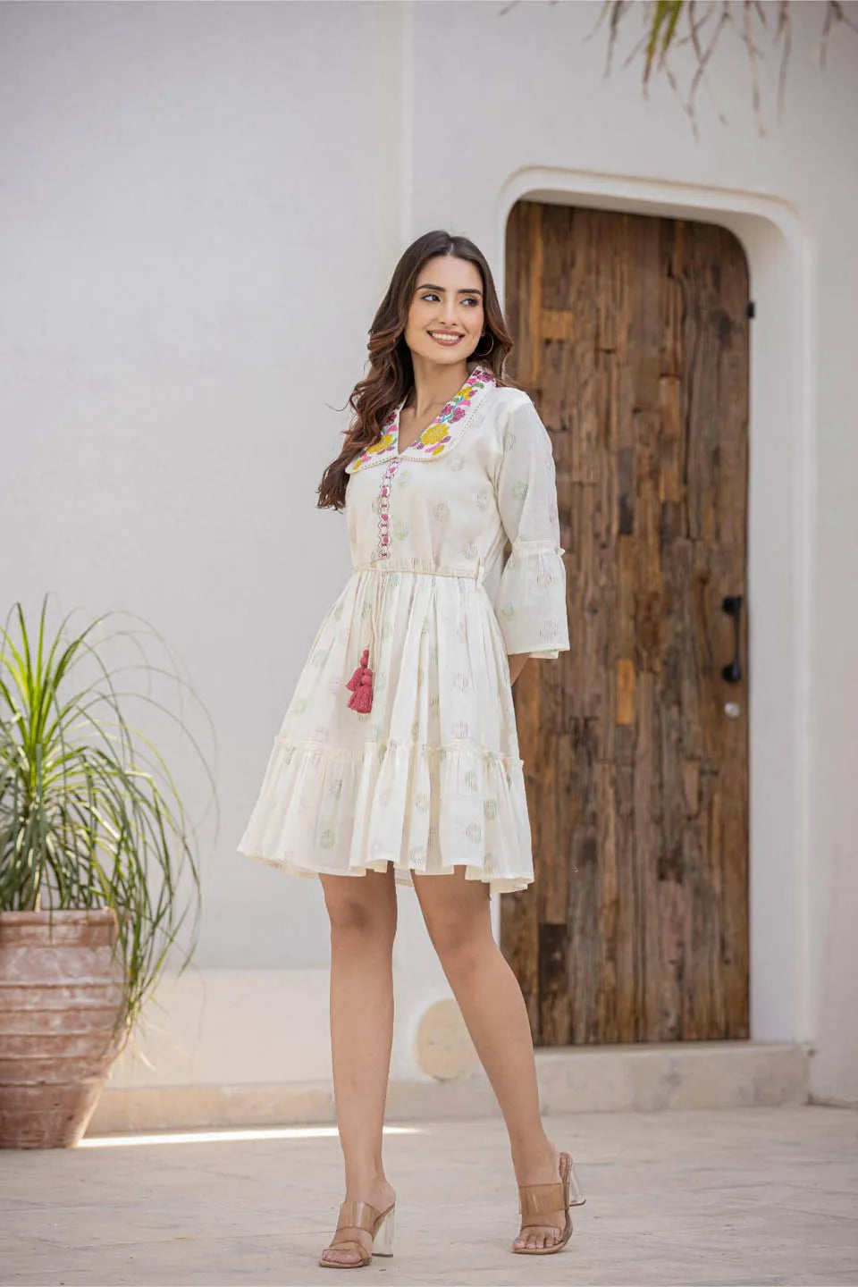 womens cotton printed embroidered dress with belt knot and bell sleeves