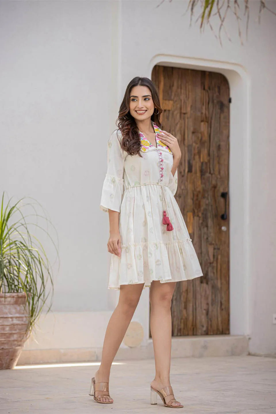 womens cotton printed embroidered dress with belt knot and bell sleeves