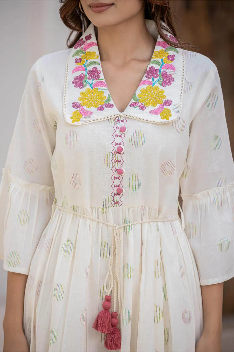 womens cotton printed embroidered dress with belt knot and bell sleeves