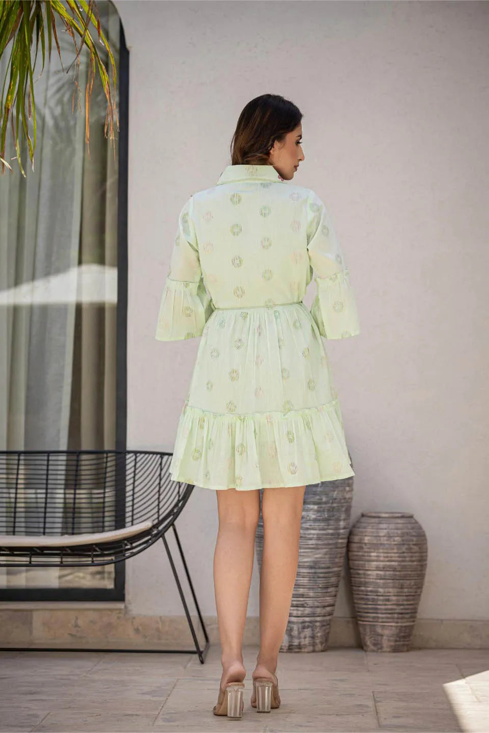 womens cotton printed embroidered dress with belt knot and bell sleeves