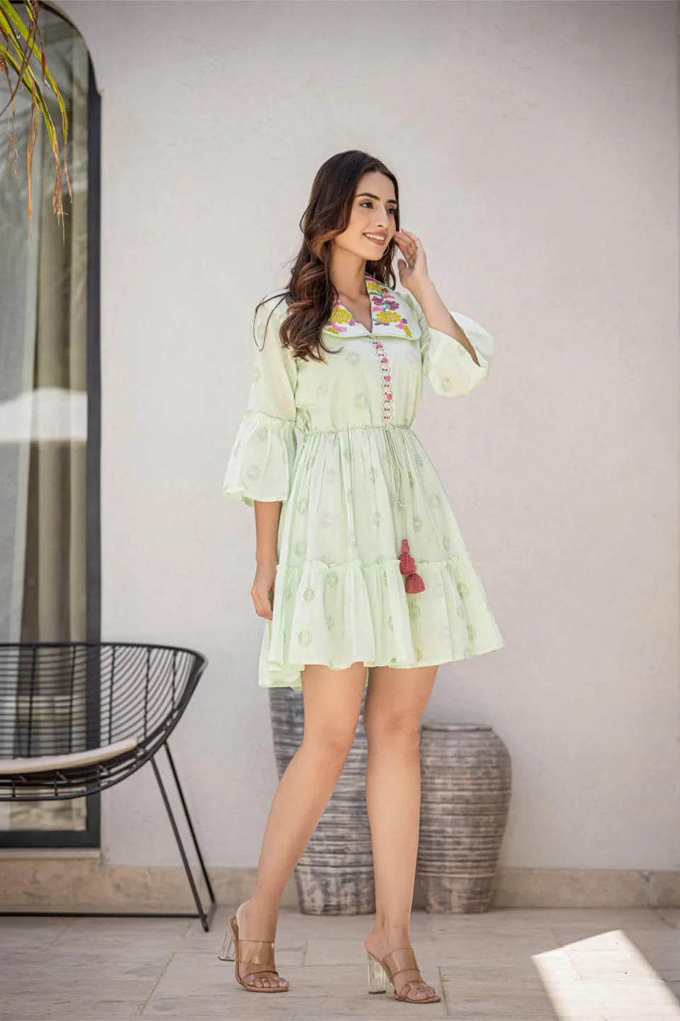 womens cotton printed embroidered dress with belt knot and bell sleeves