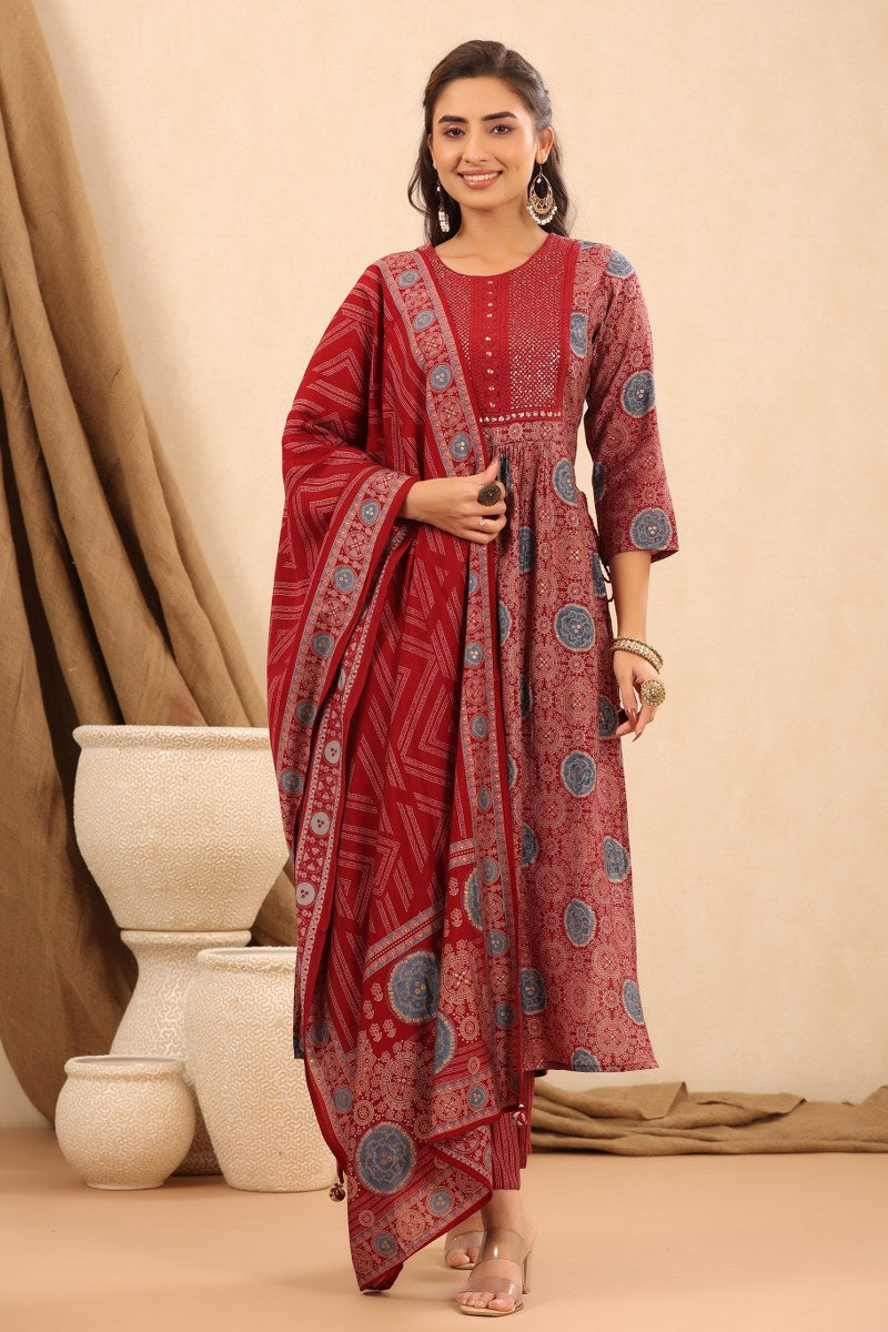 Red Nyra Cut Muslin Kurta Set