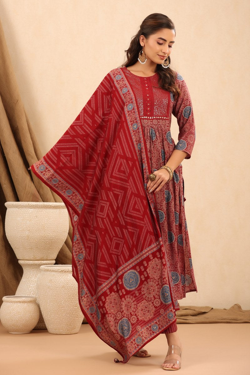Red Nyra Cut Muslin Kurta Set