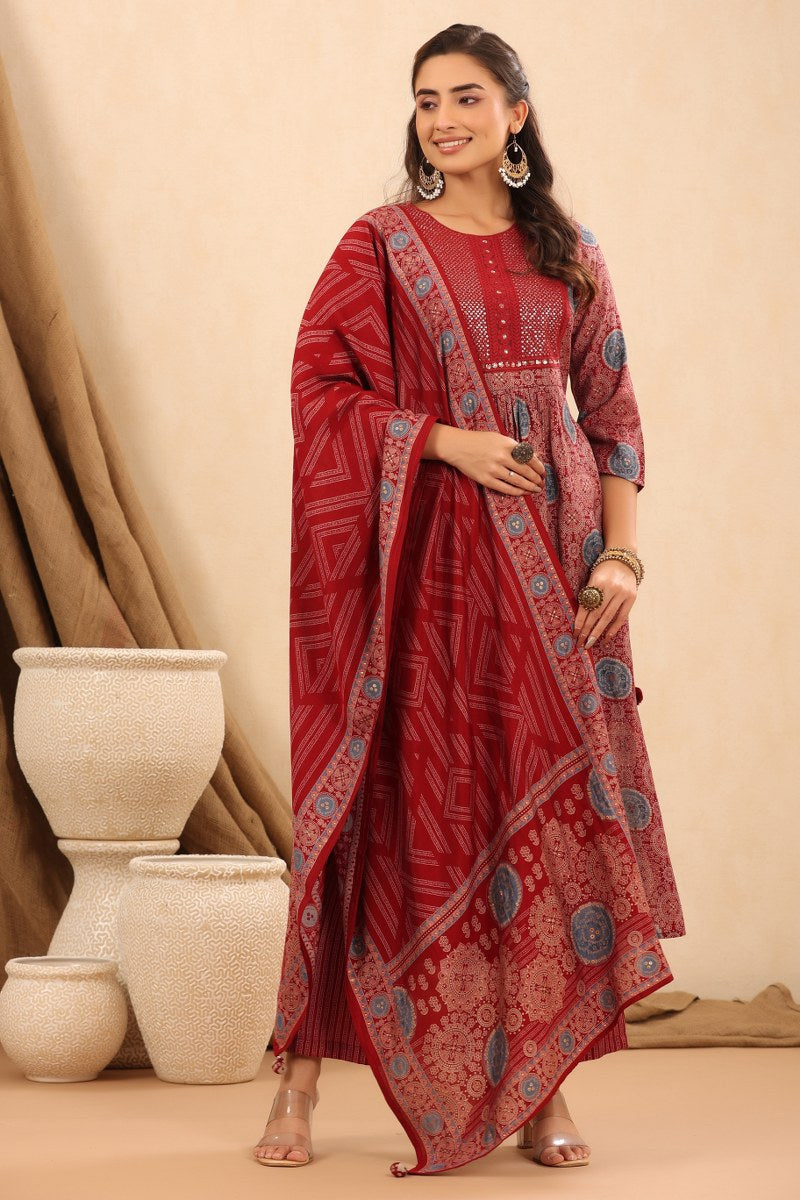 Red Nyra Cut Muslin Kurta Set