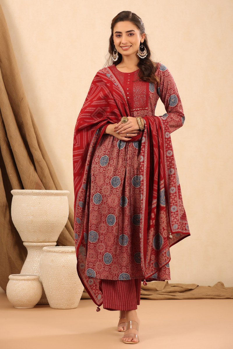 Red Nyra Cut Muslin Kurta Set