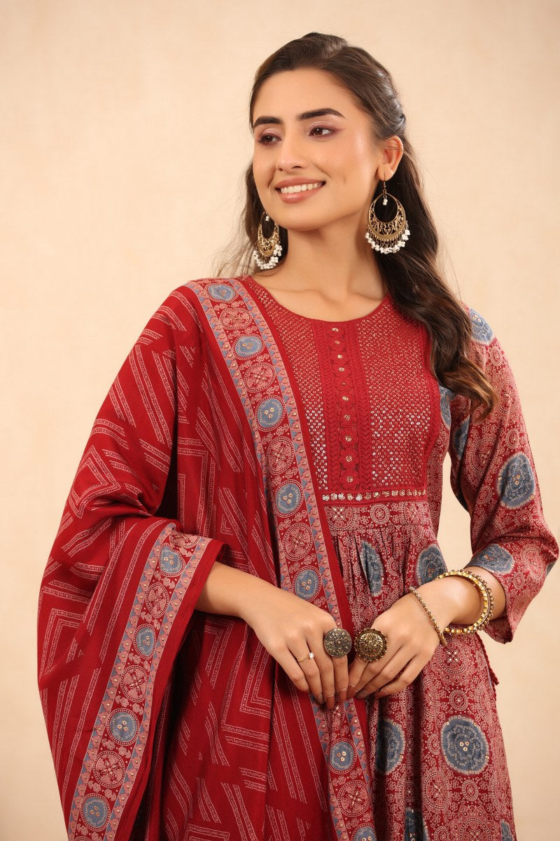 Red Nyra Cut Muslin Kurta Set