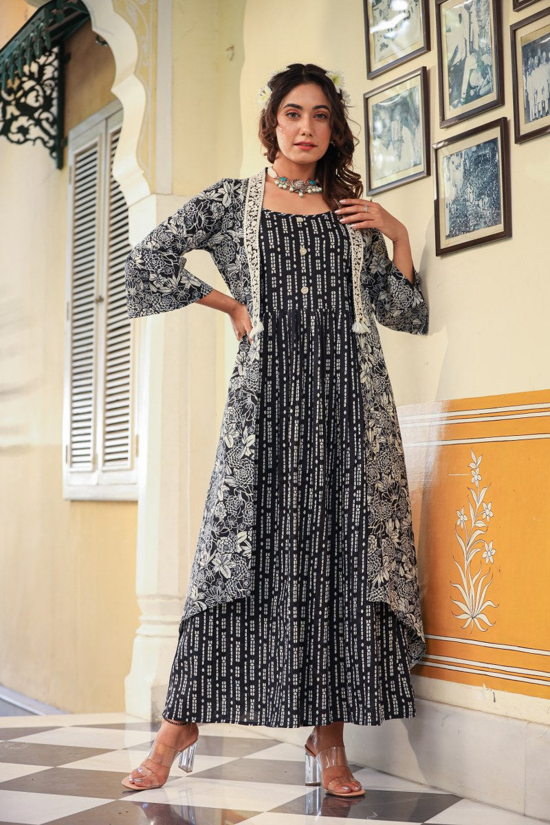 Black printed long dress