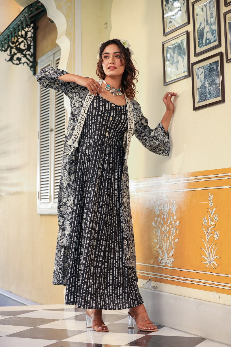 Black printed long dress