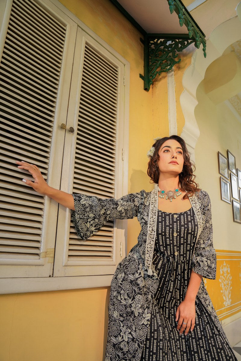 Black printed long dress