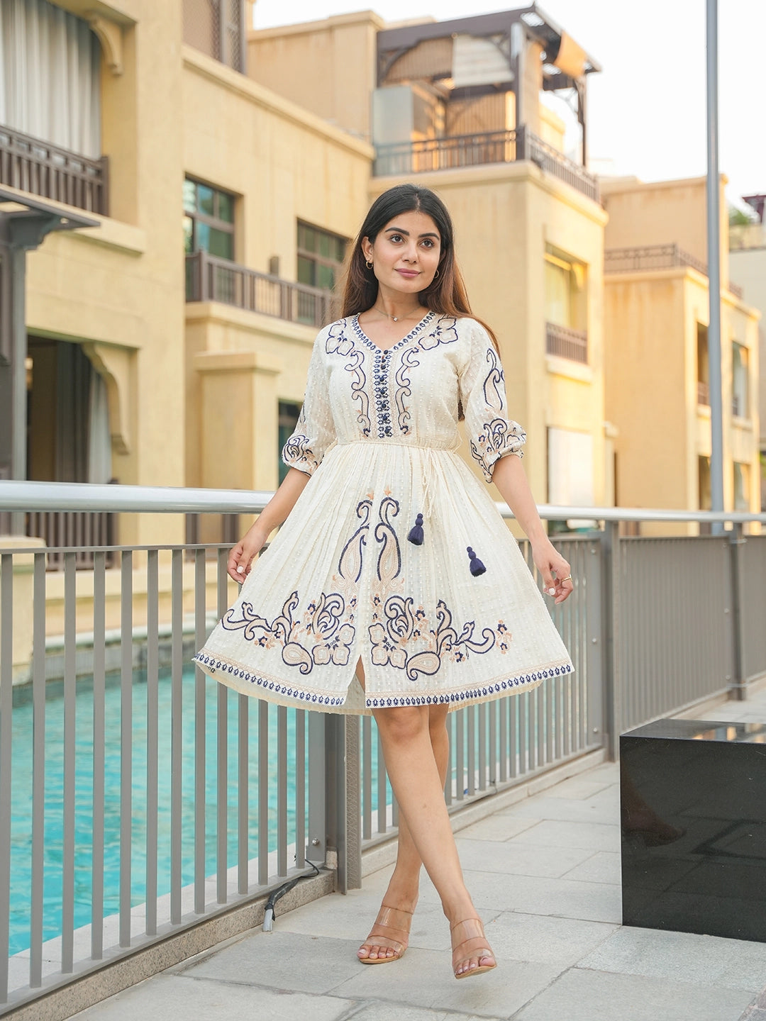 Loomed Luxe: Cotton Embroidery Short Dress