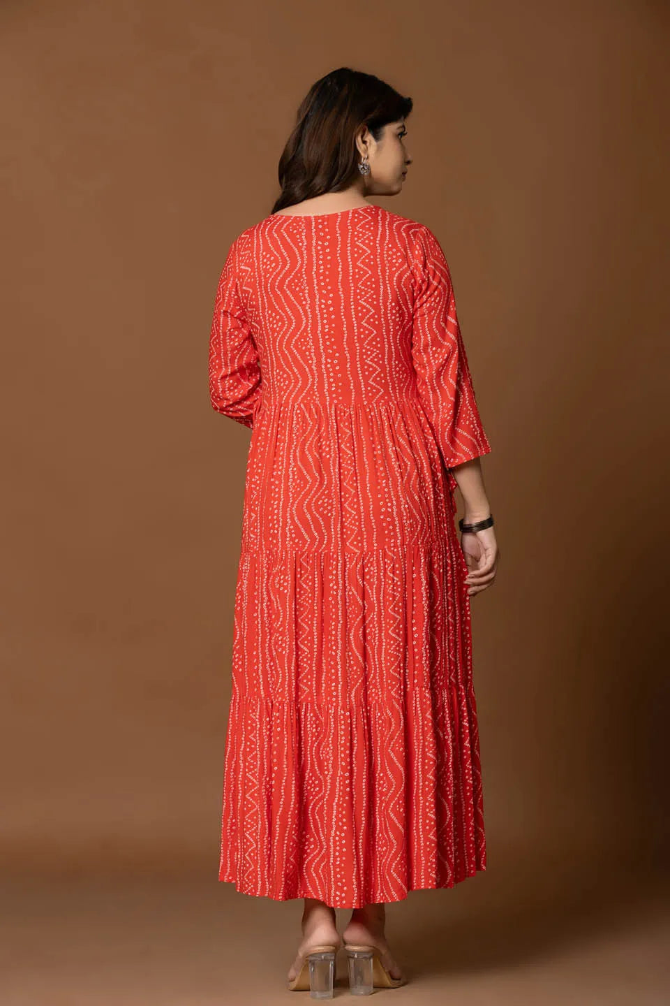 Red Printed Tiered Maxi Dress with Embroidered Yoke