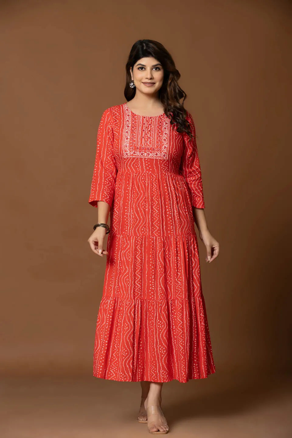 Red Printed Tiered Maxi Dress with Embroidered Yoke
