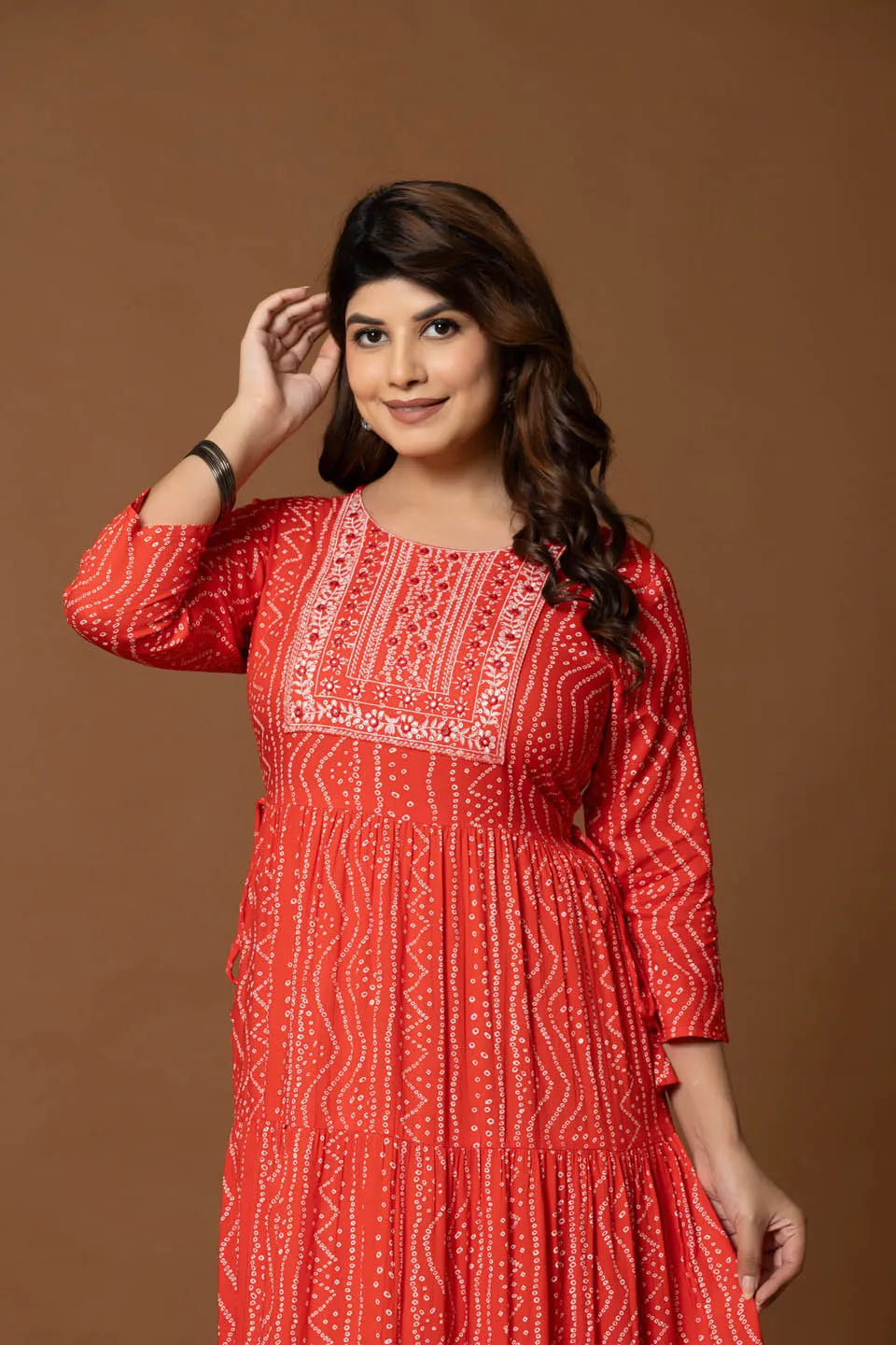 Red Printed Tiered Maxi Dress with Embroidered Yoke