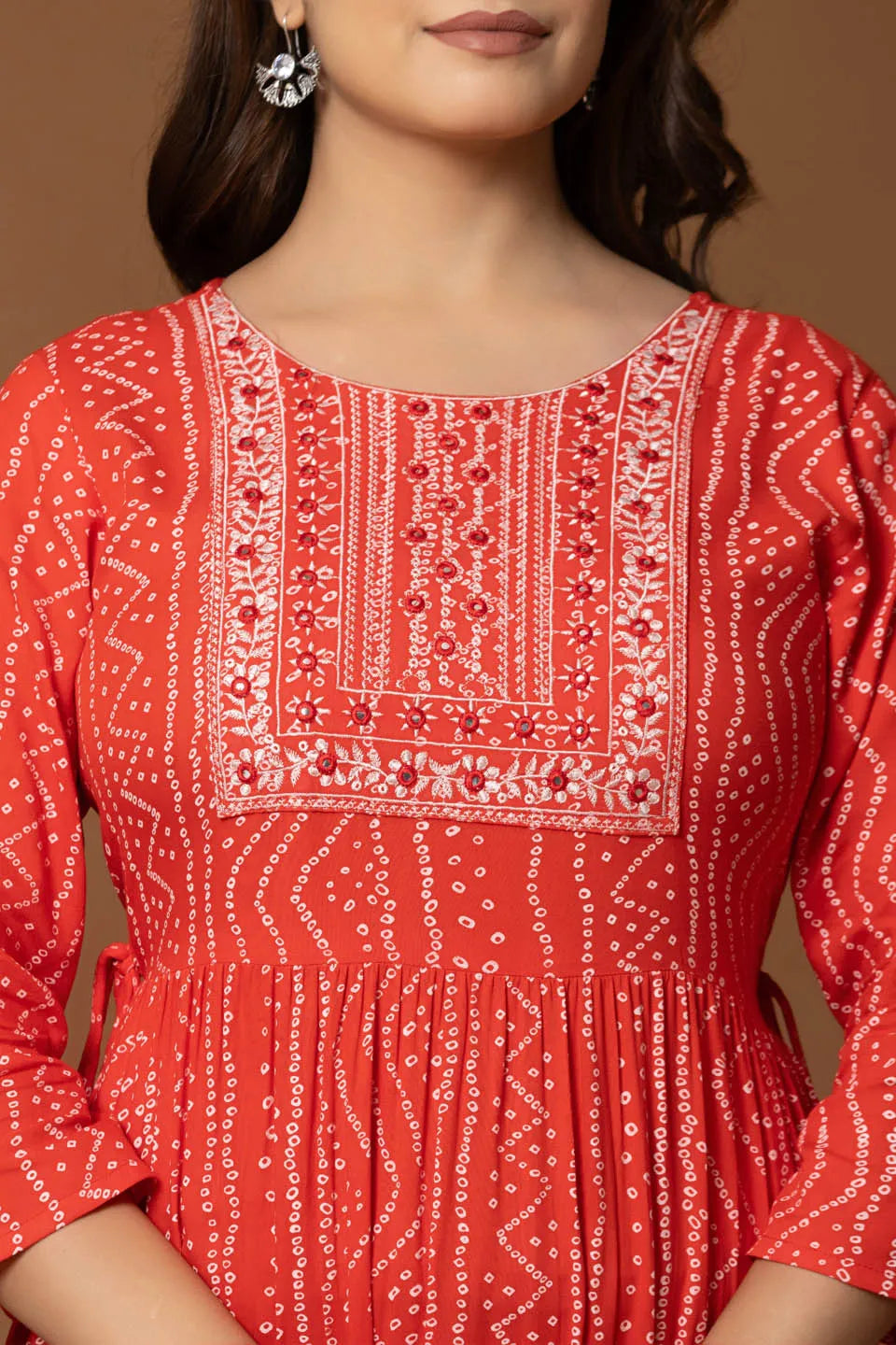 Red Printed Tiered Maxi Dress with Embroidered Yoke
