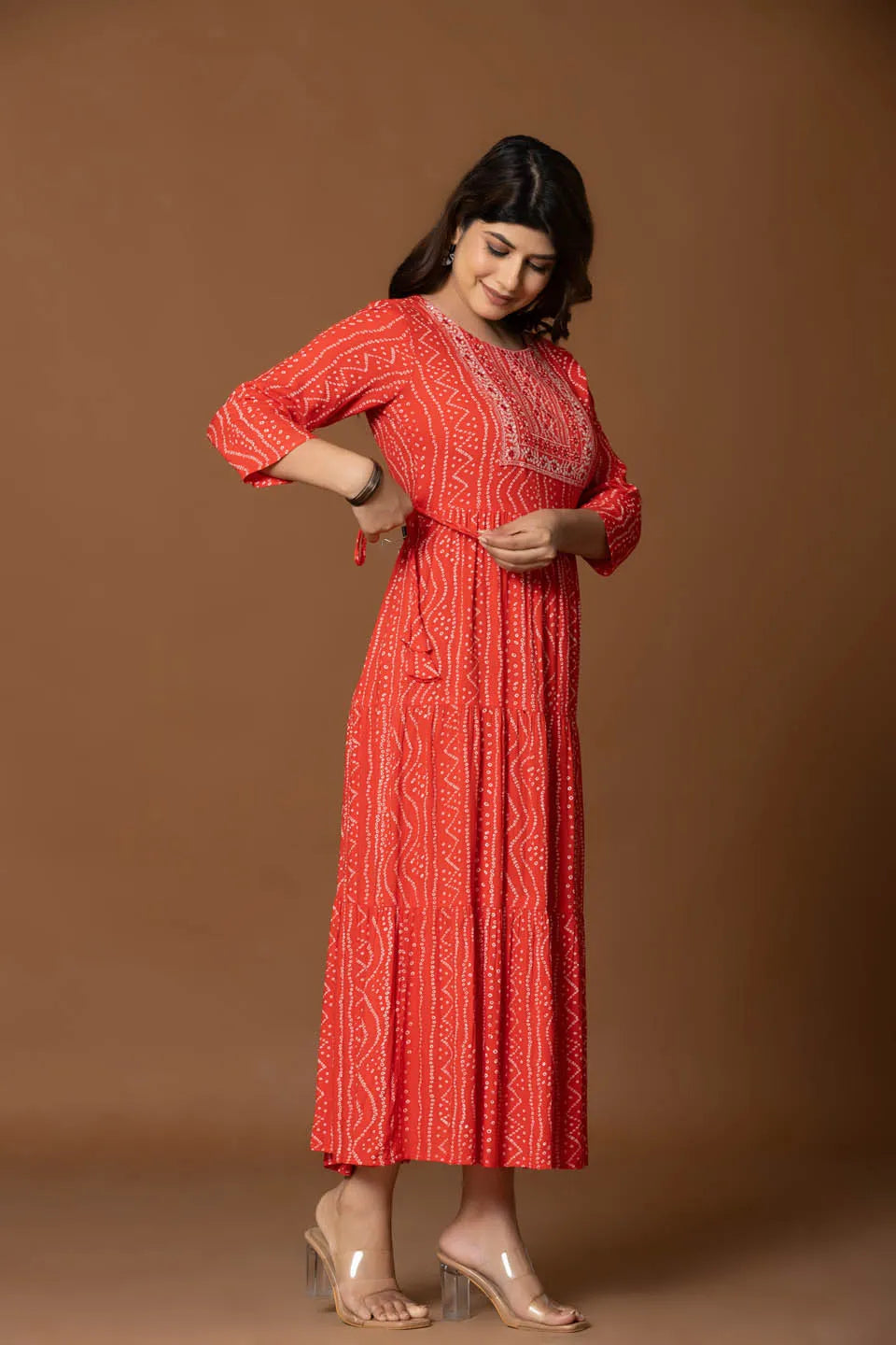 Red Printed Tiered Maxi Dress with Embroidered Yoke