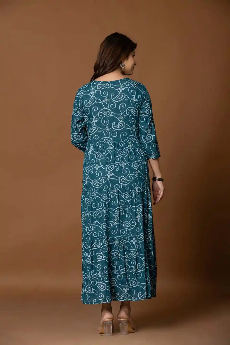 Teal Paisley Print A-Line Midi Dress with Embroidered Bodice