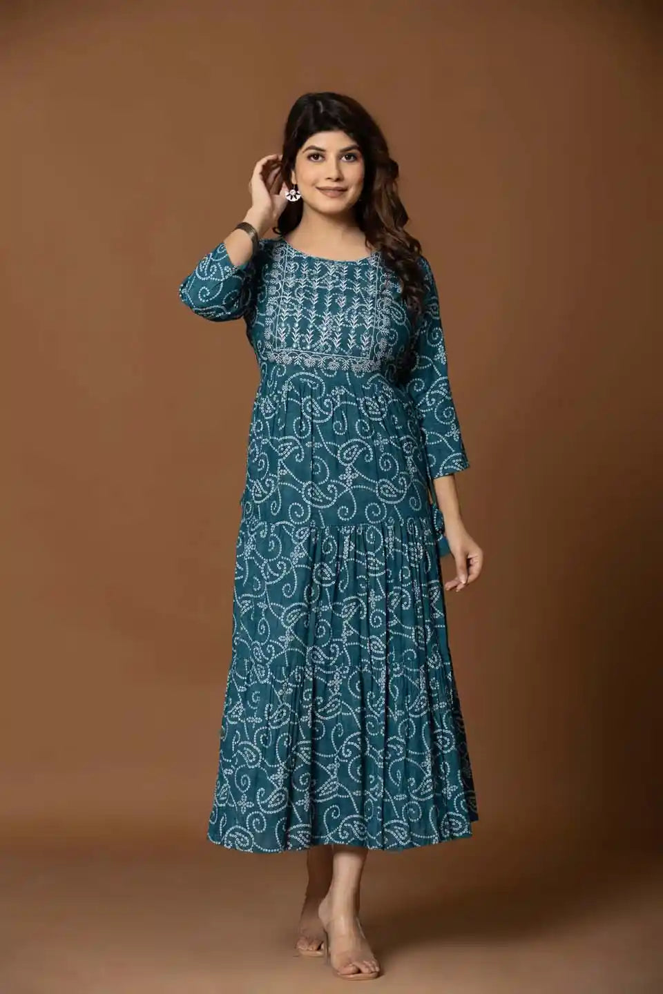 Teal Paisley Print A-Line Midi Dress with Embroidered Bodice