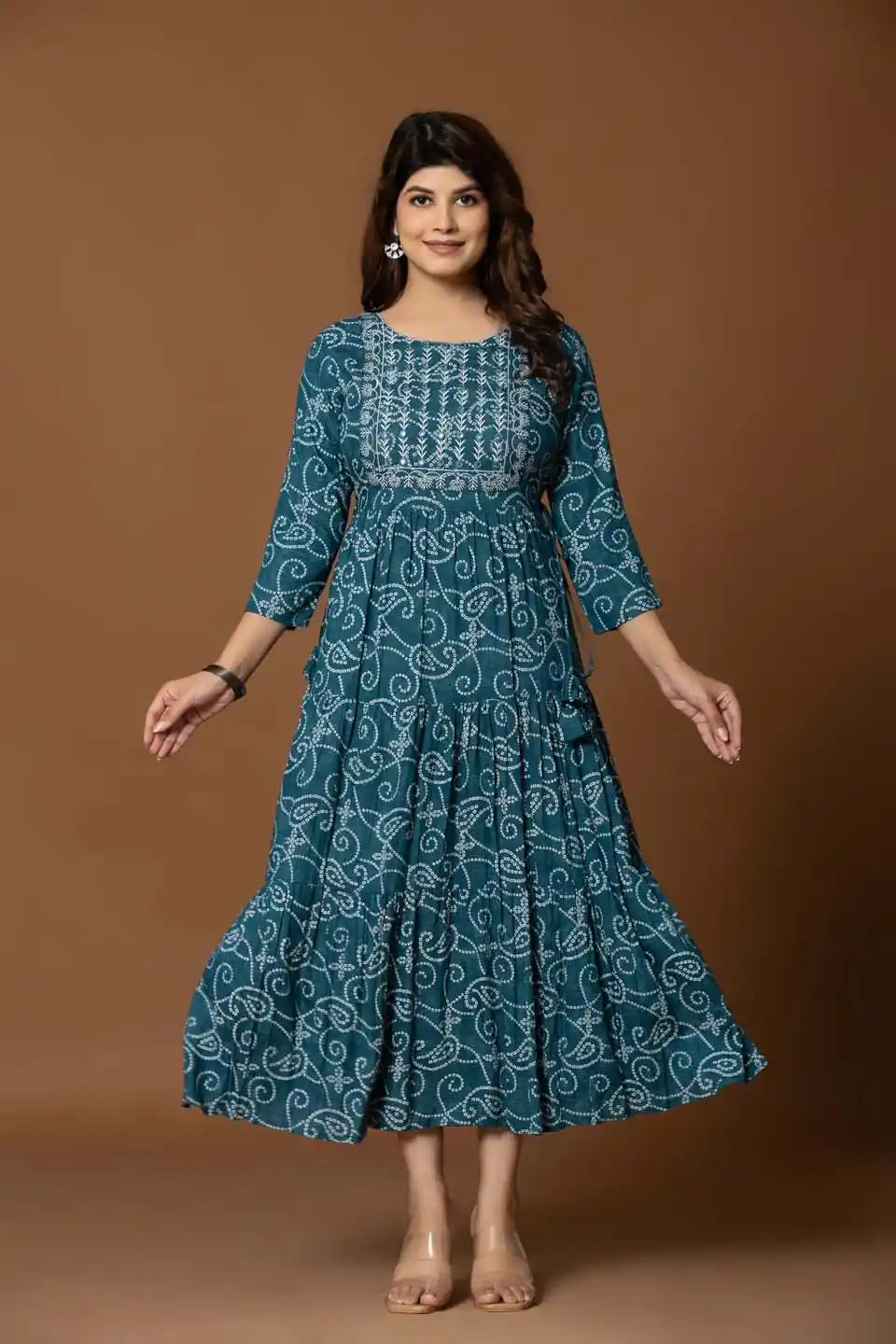 Teal Paisley Print A-Line Midi Dress with Embroidered Bodice