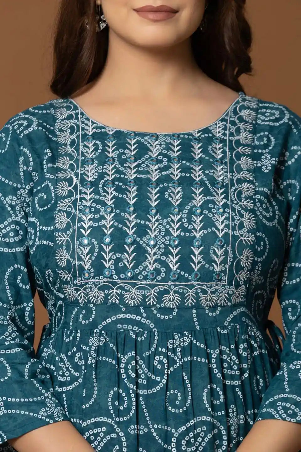 Teal Paisley Print A-Line Midi Dress with Embroidered Bodice