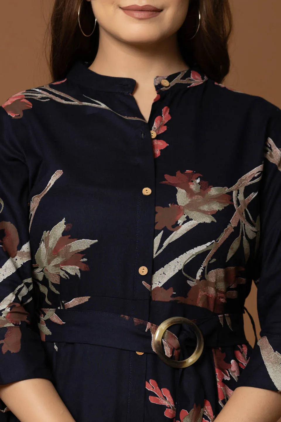 floral printed black fit flare midi dress with belt for casual occasions