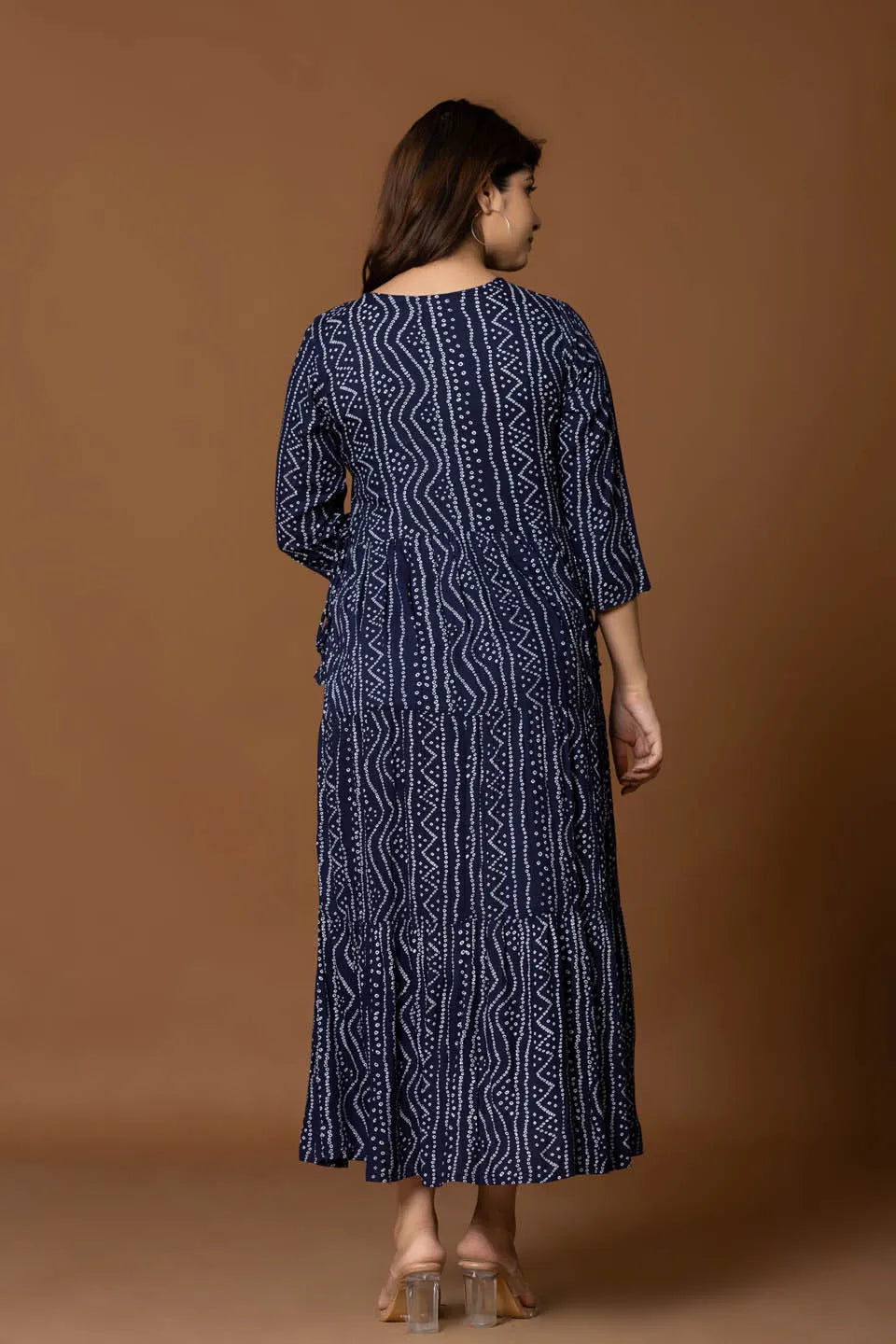 navy blue ethnic motif fit flare long dress