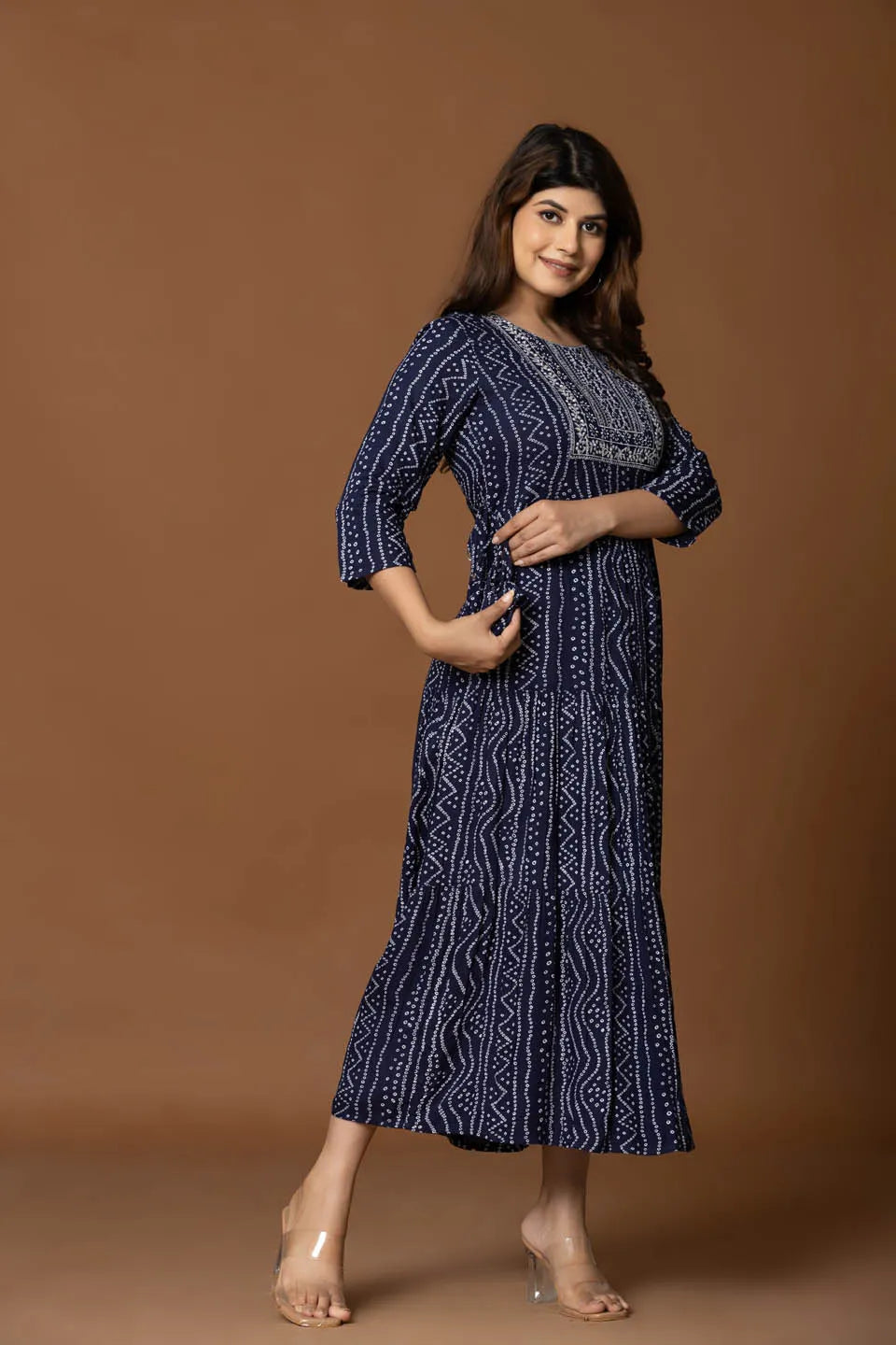 navy blue ethnic motif fit flare long dress