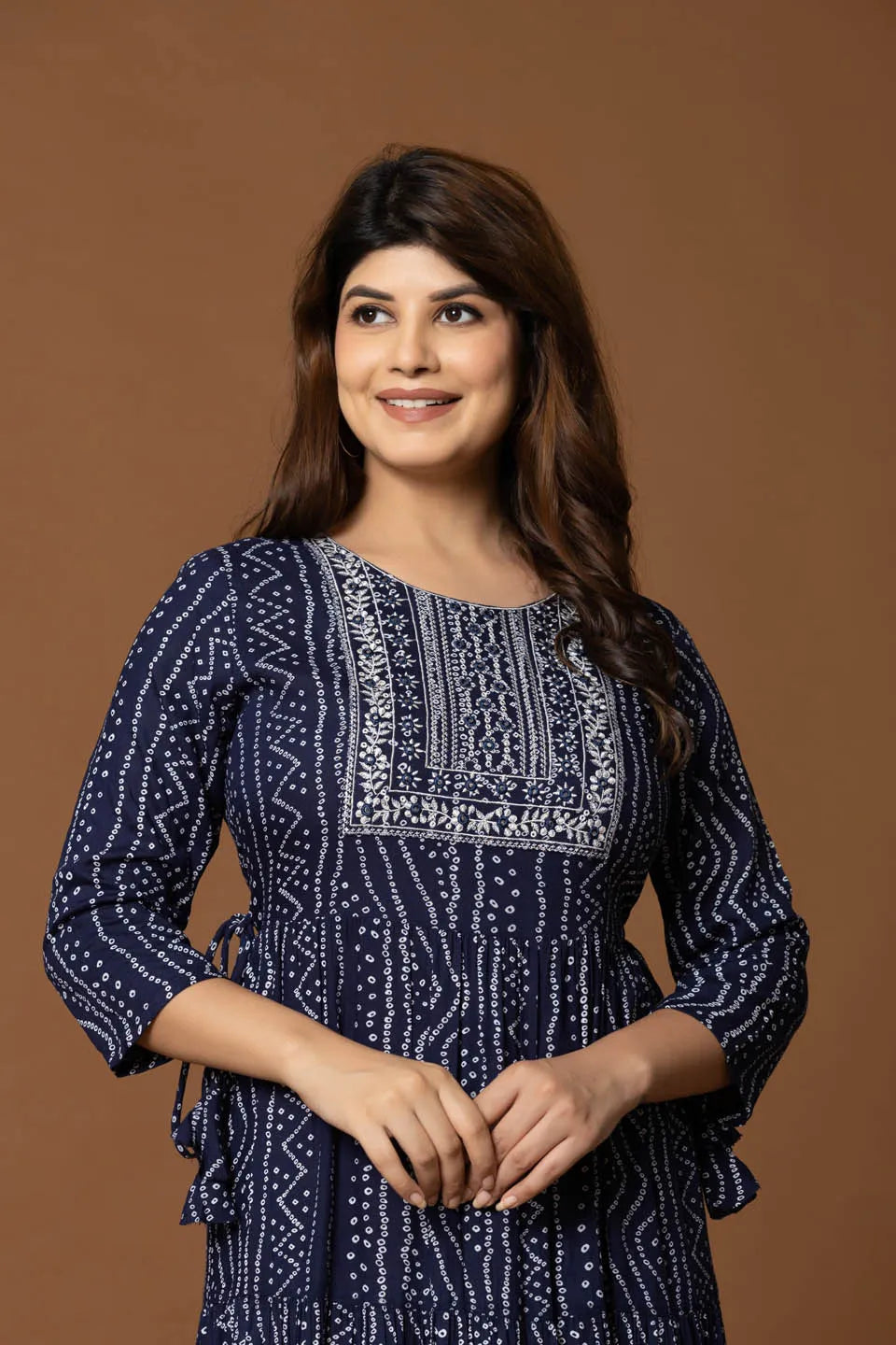 navy blue ethnic motif fit flare long dress