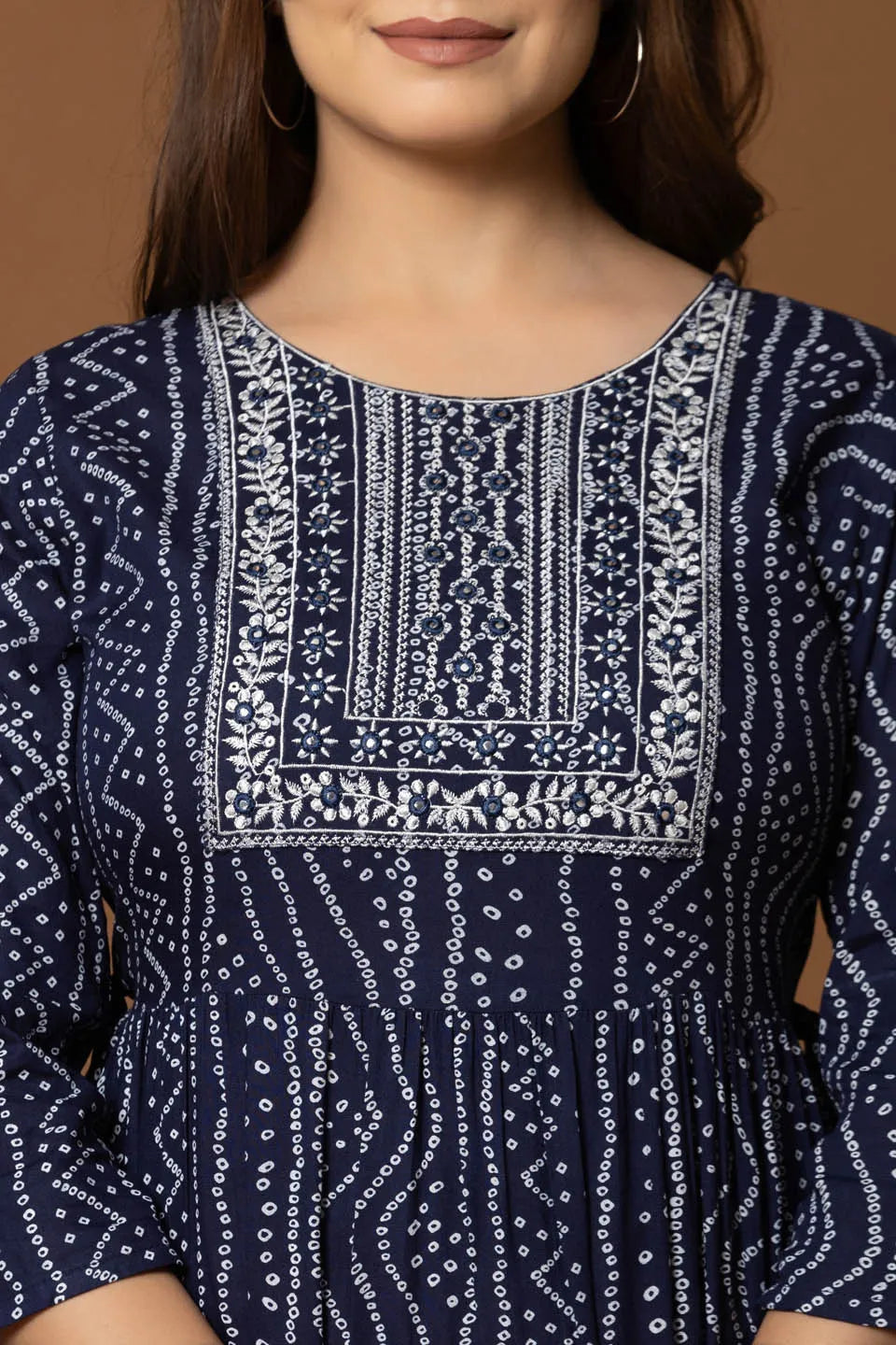 navy blue ethnic motif fit flare long dress