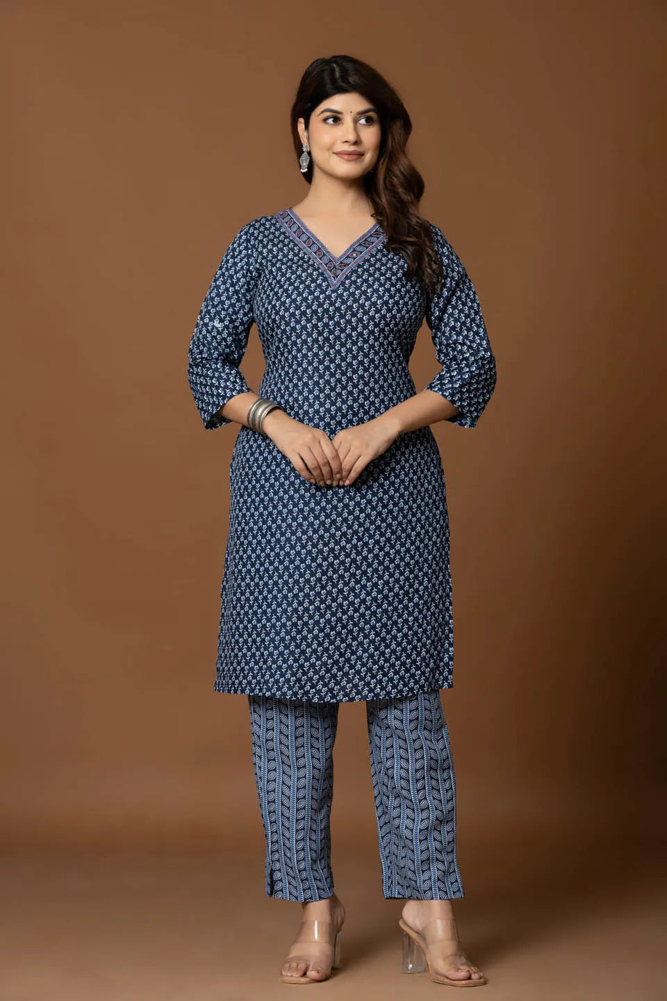 navy blue embroidered kurta with geometric print pants dupatta