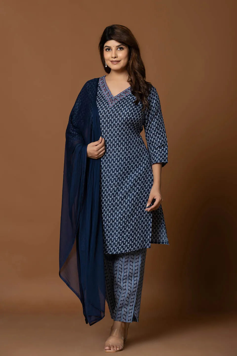navy blue embroidered kurta with geometric print pants dupatta