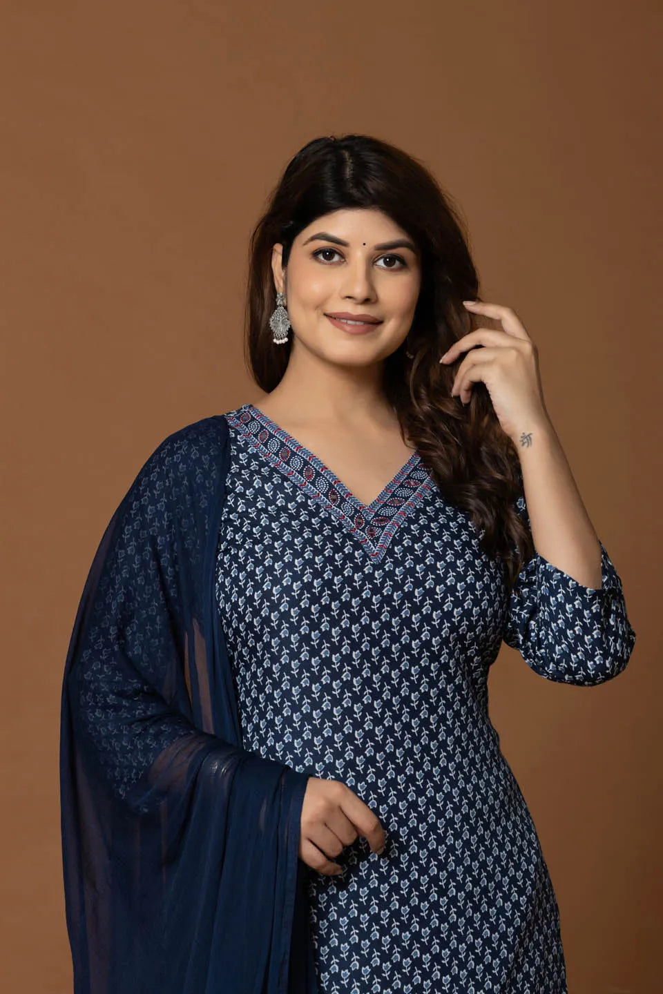 navy blue embroidered kurta with geometric print pants dupatta