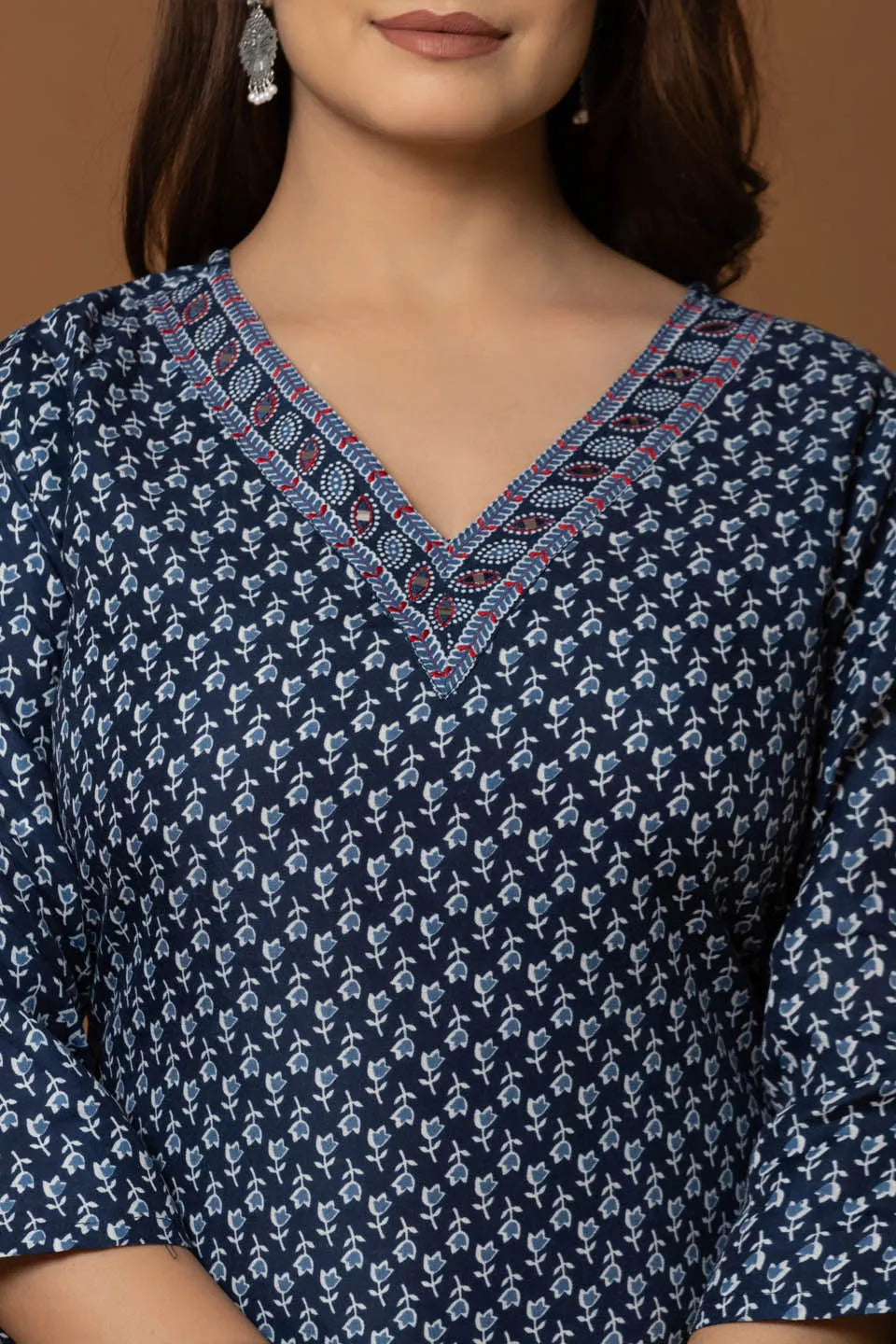navy blue embroidered kurta with geometric print pants dupatta