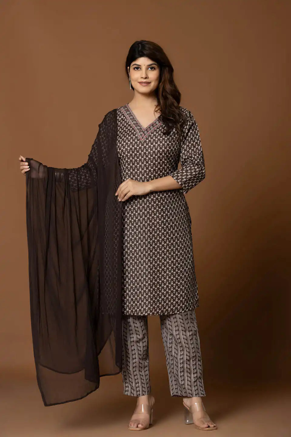 navy blue embroidered kurta with geometric print pants dupatta