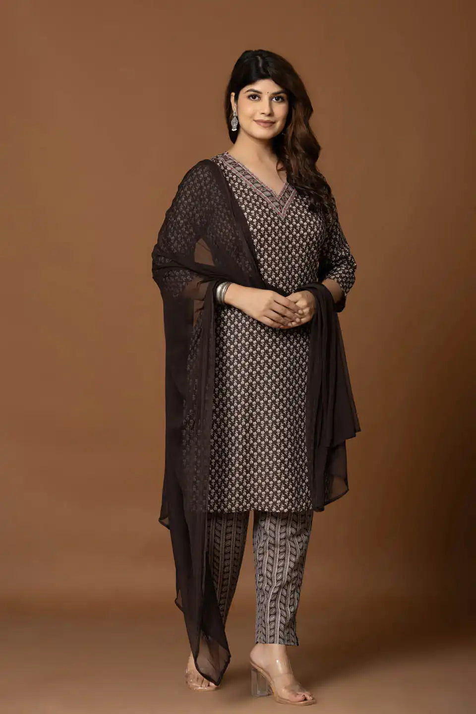 navy blue embroidered kurta with geometric print pants dupatta
