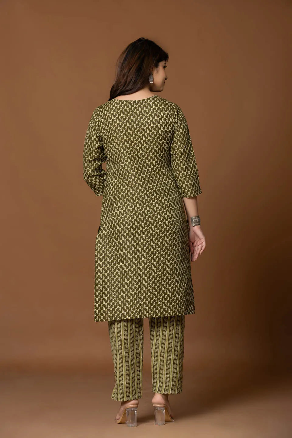 olive green embroidered kurta with geometric print pants dupatta