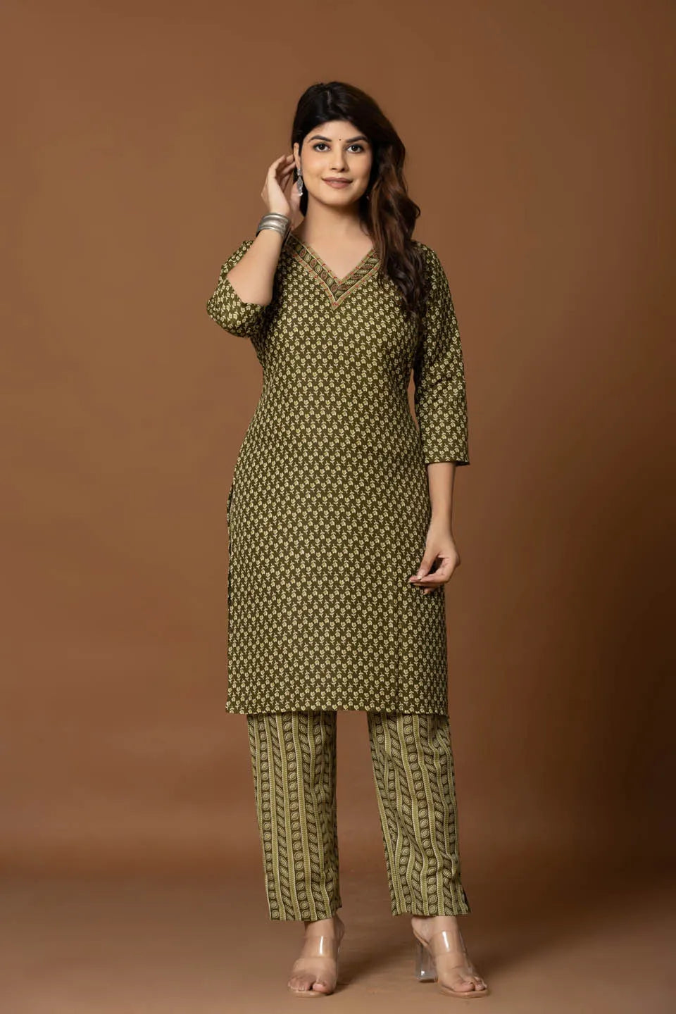olive green embroidered kurta with geometric print pants dupatta