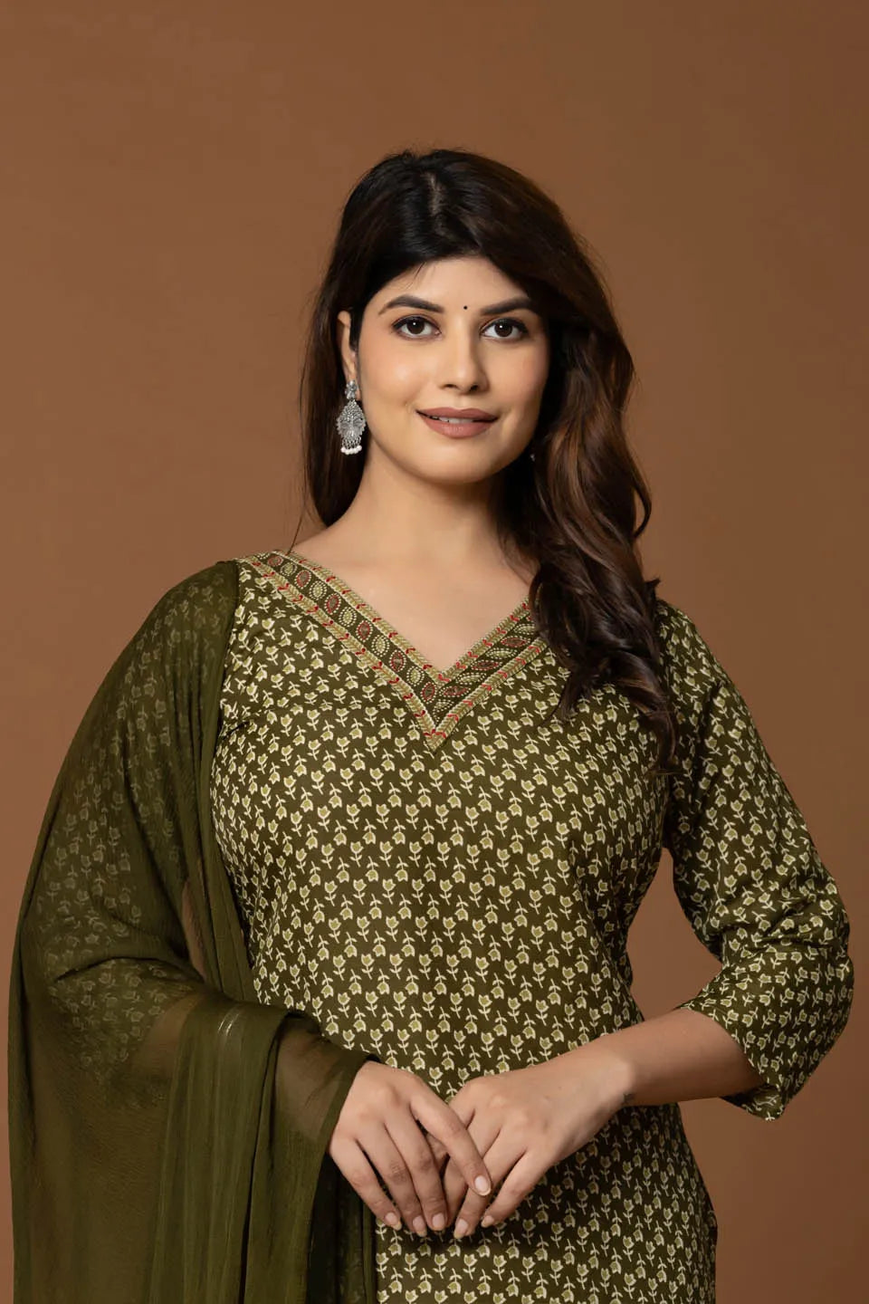 olive green embroidered kurta with geometric print pants dupatta