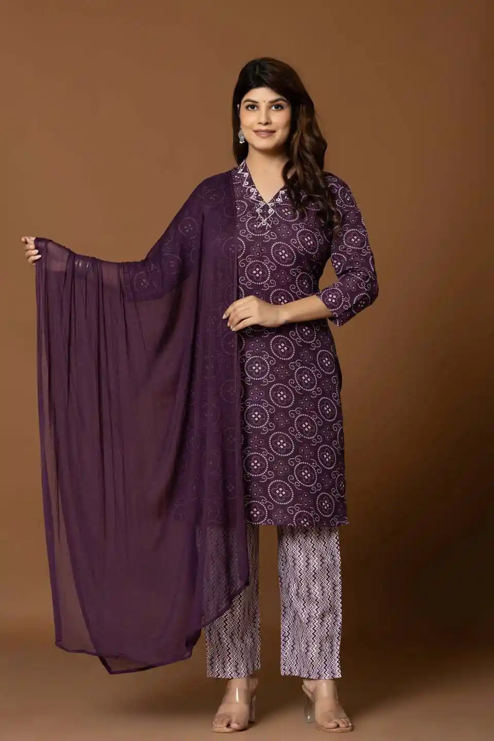 purple ethnic print straight cut salwar kameez with dupatta
