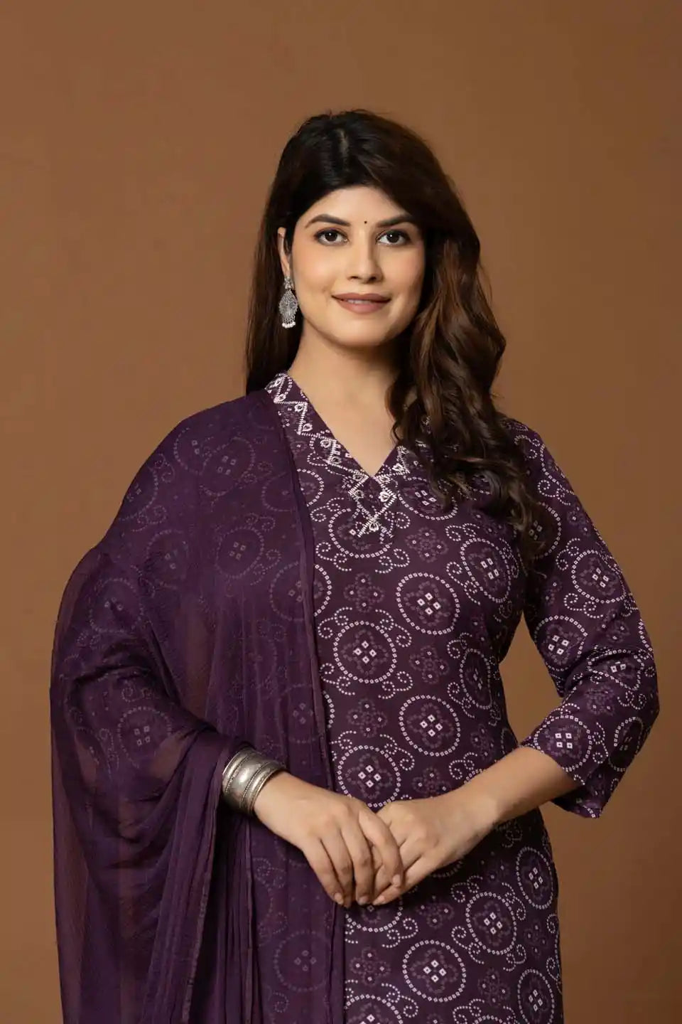 purple ethnic print straight cut salwar kameez with dupatta