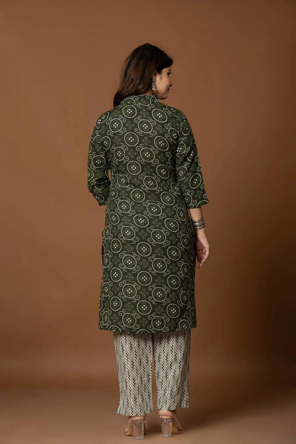 olive green printed kurta set with chevron pants dupatta