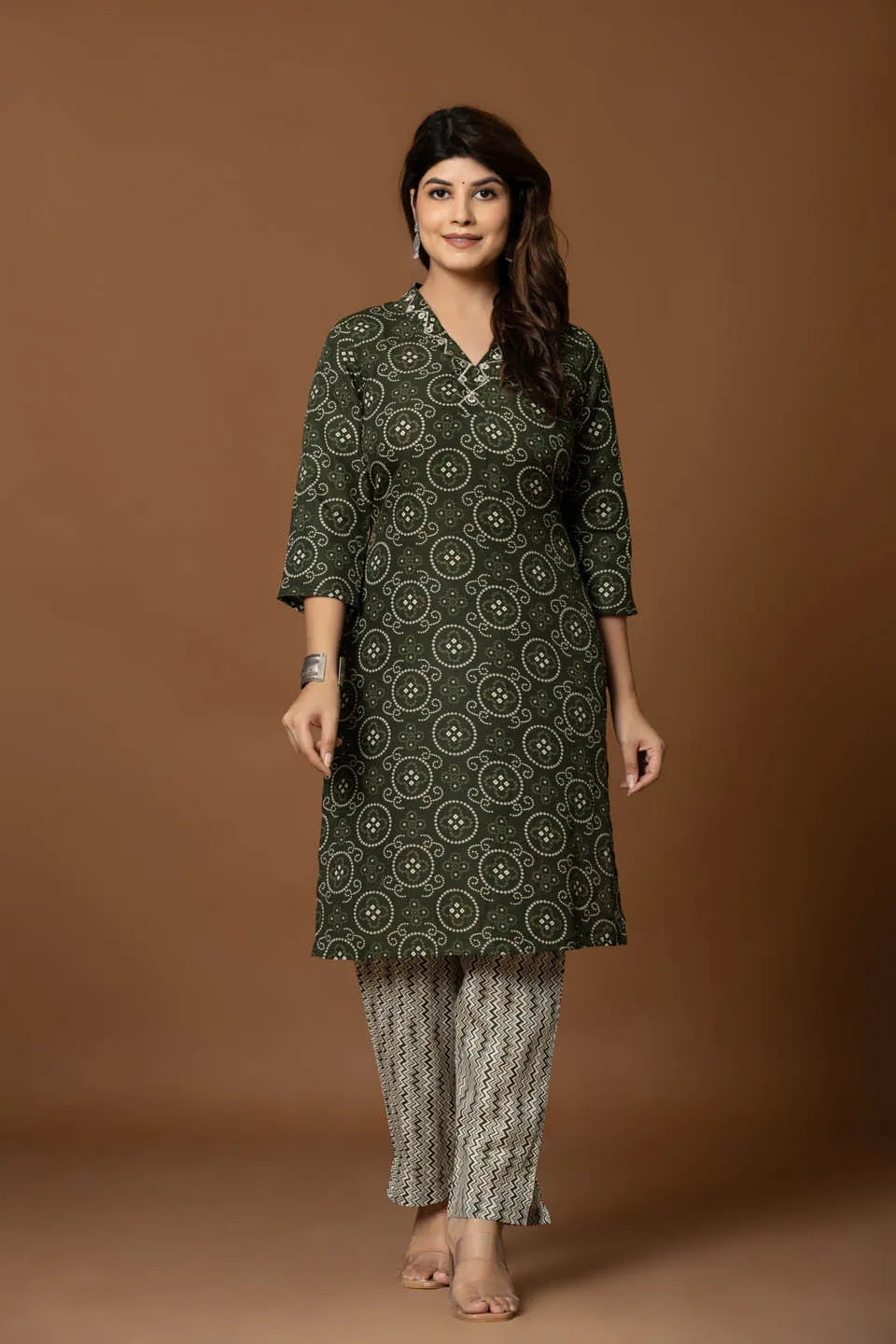 olive green printed kurta set with chevron pants dupatta