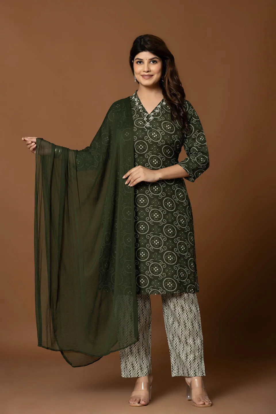olive green printed kurta set with chevron pants dupatta