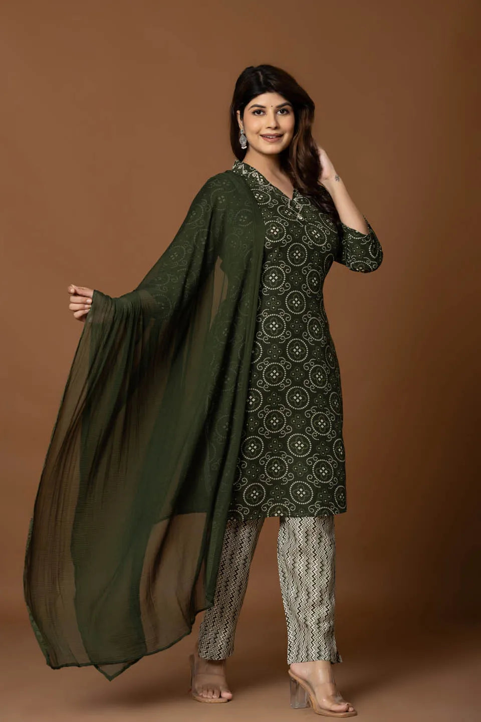 olive green printed kurta set with chevron pants dupatta